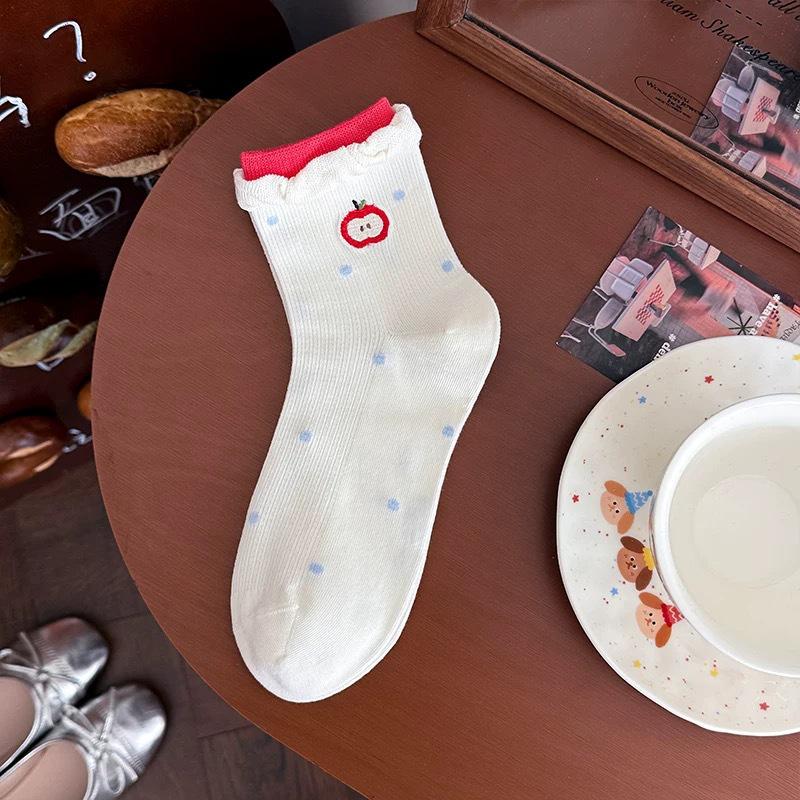 Spring-Summer Korean Style Red Embroidered Cartoon Cotton Ruffle Socks for Women