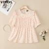 VONDA Women Elegant Puff Sleeve Floral Print Ruffled Casual Blouse