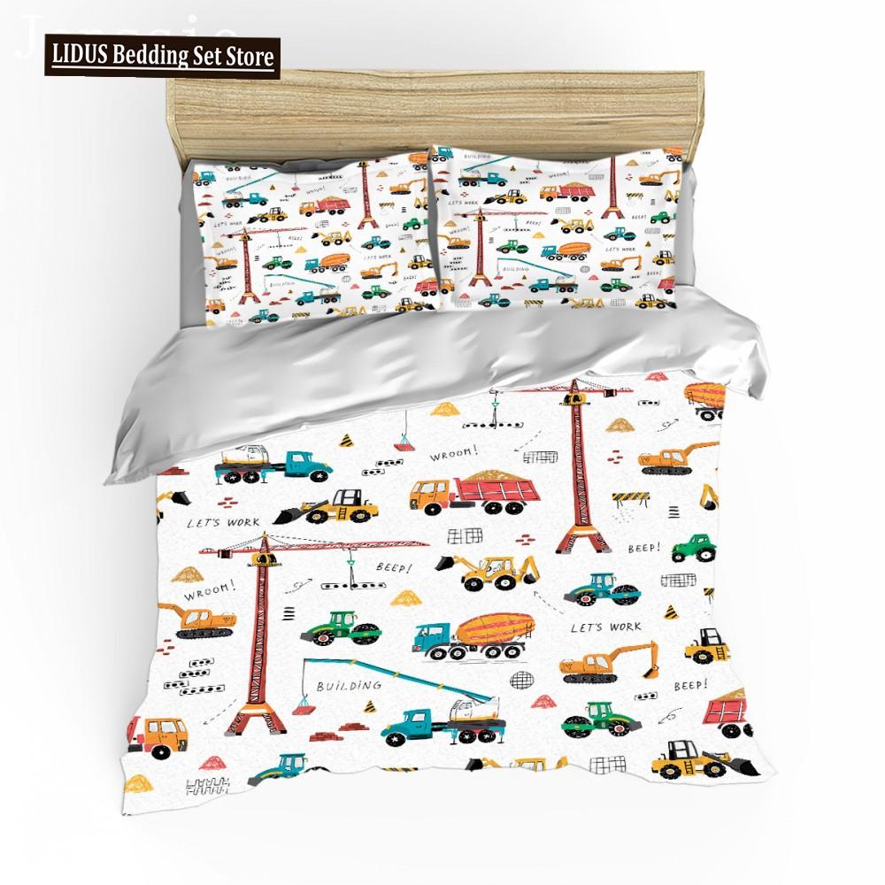 Cartoon Feuerwehrauto King Queen Bettwäscheset für Jungen Kinder Betonmischer Bettbezug Traktor Kran Bagger Polyester Quiltbezug