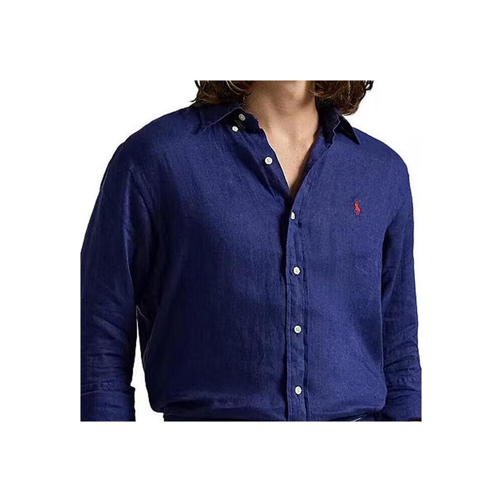 Polo Ralph Lauren Solid Color Long Sleeve Polo Collar Embroidered Single Breasted Shirt Classic Edition Men shirts Navy-Blue 710966292-501