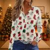 Women's Casual Christmas Print V-Neck Long Sleeve T-Shirt with Decorative Buttons for Holiday Parties