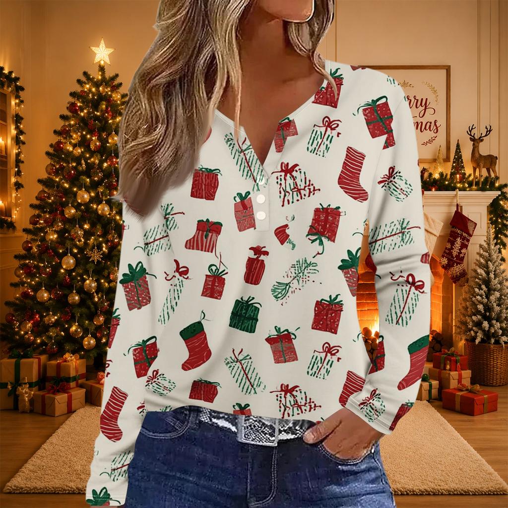 Women's Casual Christmas Print V-Neck Long Sleeve T-Shirt with Decorative Buttons for Holiday Parties