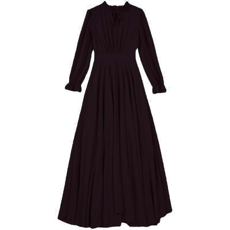 Women's Spring Summer and Autumn Four Seasons Models of Solid-coloured Tie Waist Thin Temperament Chiffon Swing Dress Long-sleeved Dresses