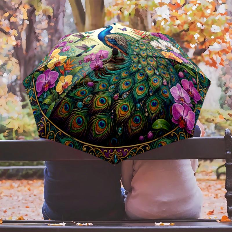 Peacock and Golden Bird Among Flowers Printed umbrella windproof folding umbrella portable sun and rain umbrella suitable for gifting