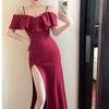 Fashion High-end Niche Light Luxury One-word Shoulder Evening Dress Women's New High-end Sexy Banquet Slim and Thin Dress