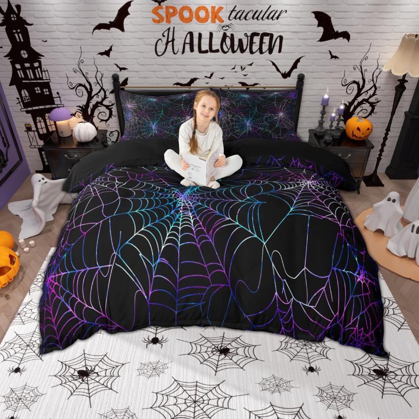 Homewish Spider Web Duvet Cover Set, Happy Halloween Theme Bedding Set, Reversible Comfoter Cover Set