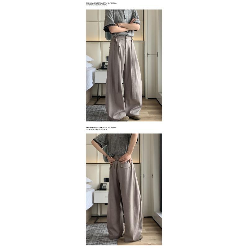 Men Double Belt Pleated Straight Micro Flared Loose Casual Dress Pants
