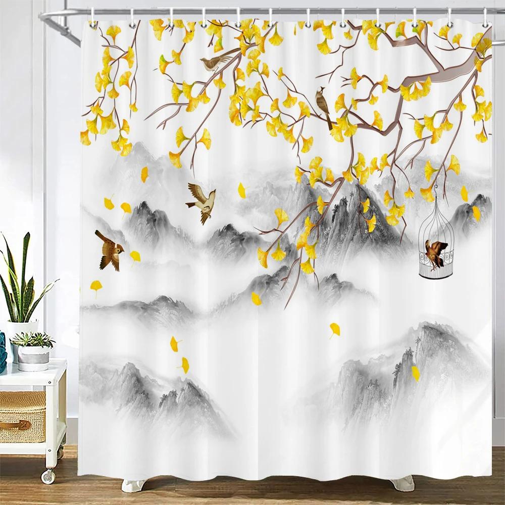 landscape Fabric Shower Curtain Bathroom Curtains Chinese style Ink Scenery Flowers Birds Waterproof Decor Bath Screen with Hook