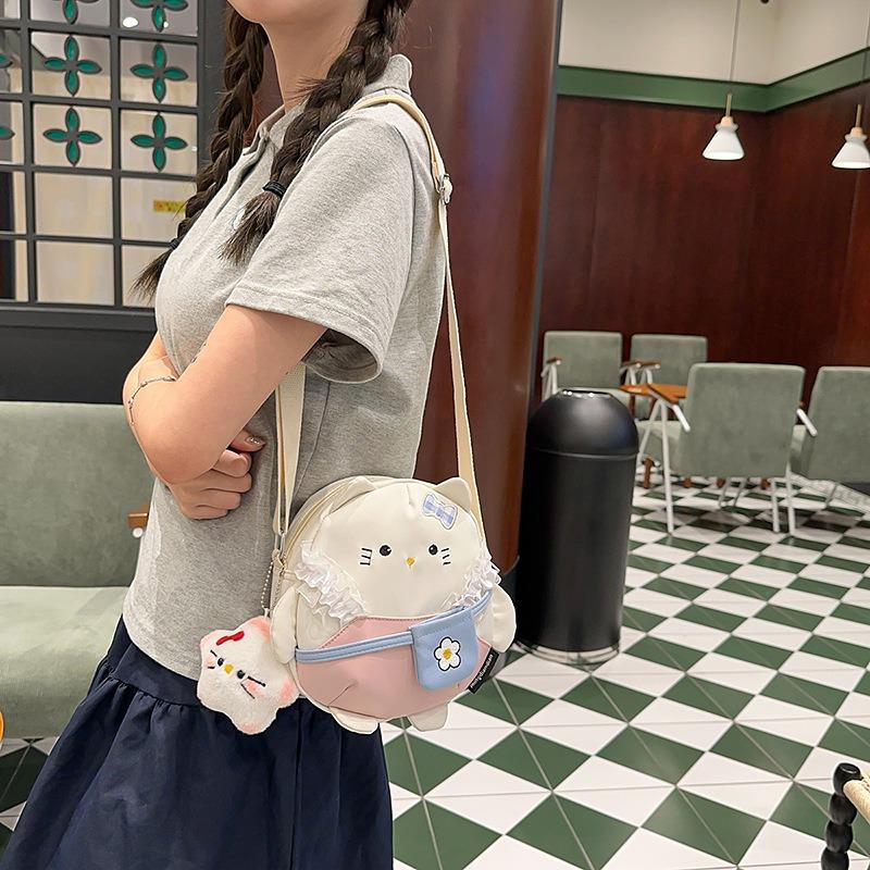 Cute Cat Canvas Bag Girl Versatile Messenger Bag Cartoon Shoulder Bag Student Leisure Travel Backpack