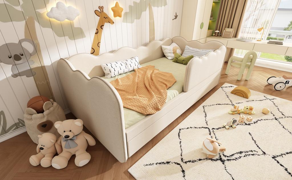 Polsterbett Tagesbett 90x190cm, Tagesbett Schlafsofa mit Ausziehbett 90x190cm, Kinderbett mit Lattenrost, Leinen, Beige, ohne Matratze