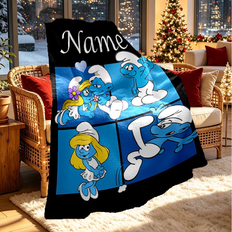 Custom Name Personalized Blue Smurfs Print Blanket, Home Decor, Bedroom, Sofa, Camping, Couch, Gifts for Birthday Christmas