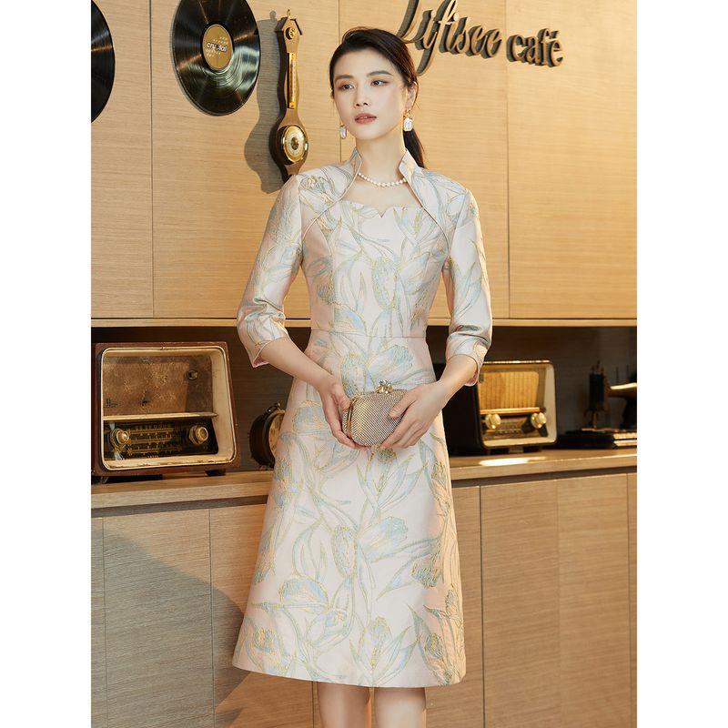 

Bblluuee Classy Luxury Oriental Jacquard Socialite Dress Women 2025 Spring & Fall New Arrival Fake Two-Piece Dress Light Sakura Powder S