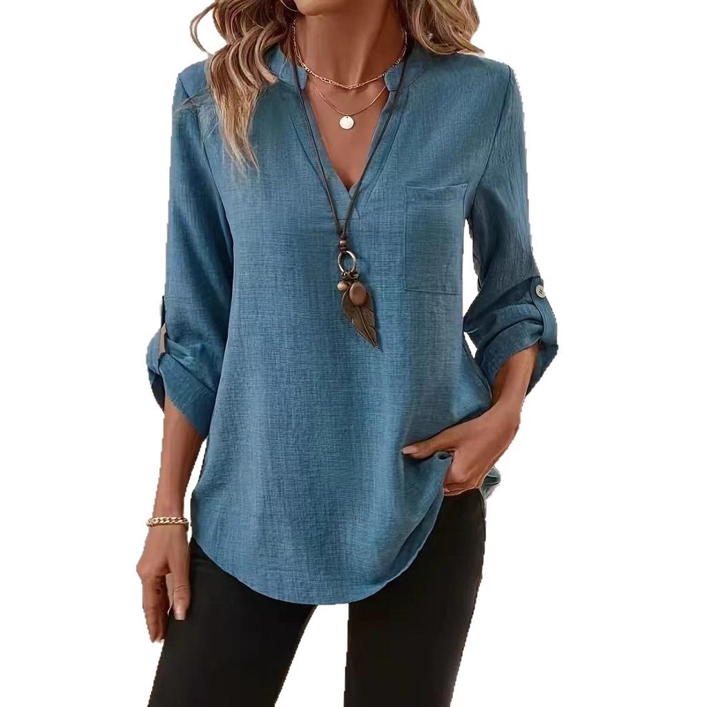 2025 Autumn and Winter New Women's Button V-neck Pocket T-shirt Tops for Women