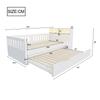 Multifunctional Wooden Bed 90 × 200 cm, With Pull-Out Bed, Shelf and Storage, Equipped With Socket and LED Lighting, Safety Rail, Single Bed, White