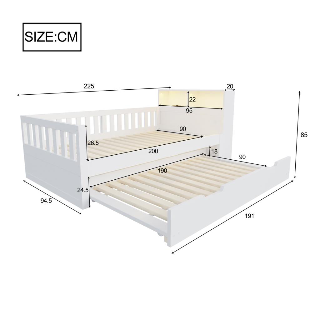 Multifunctional Wooden Bed 90 × 200 cm, With Pull-Out Bed, Shelf and Storage, Equipped With Socket and LED Lighting, Safety Rail, Single Bed, White