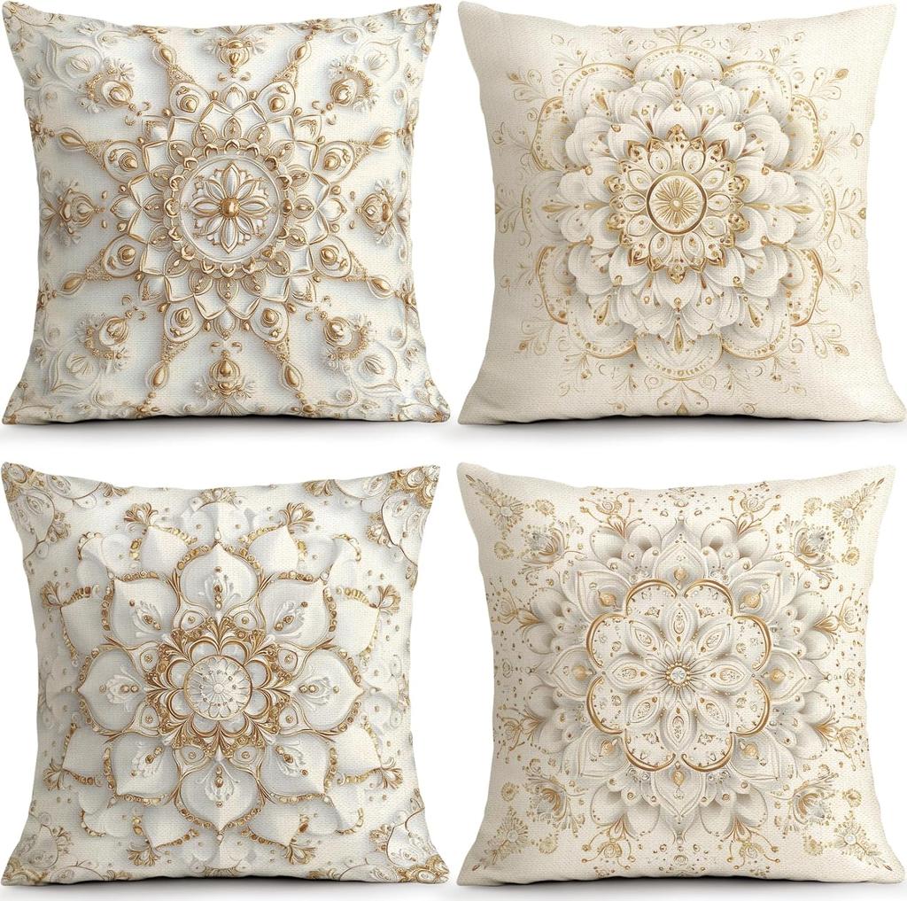 Set 4 Huse Pernă Decorativă Mandala Alb Crem Auriu Huse Elegante Luxe pentru Canapea Living Dormitor Decor Acasă
