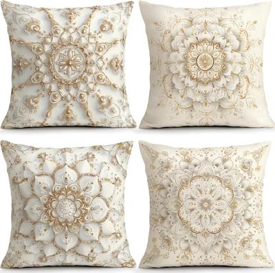 4Pcs Cream White Gold Mandala Throw Pillow Covers Set Elegant Luxe Cushion Cases for Living Room Sofa Bedroom Home Decor