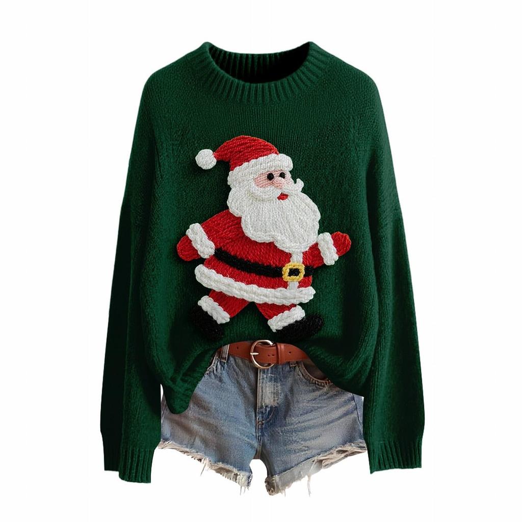 Women's Fashion Christmas Print Pullover Long-Sleeve  Neck Knit Sweater Top