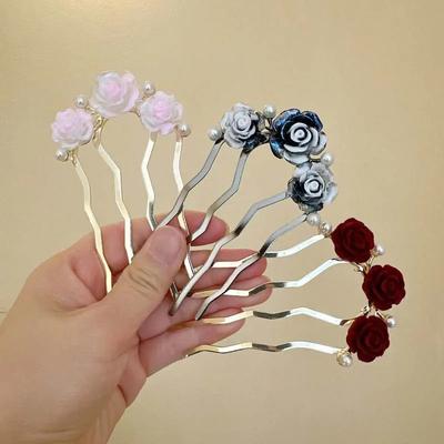 Vintage Red Velvet Rose Flower Hair Stick for Women Girls Elegant Metal U-shaped Hairpin Hanfu Headwear Hair Accessories