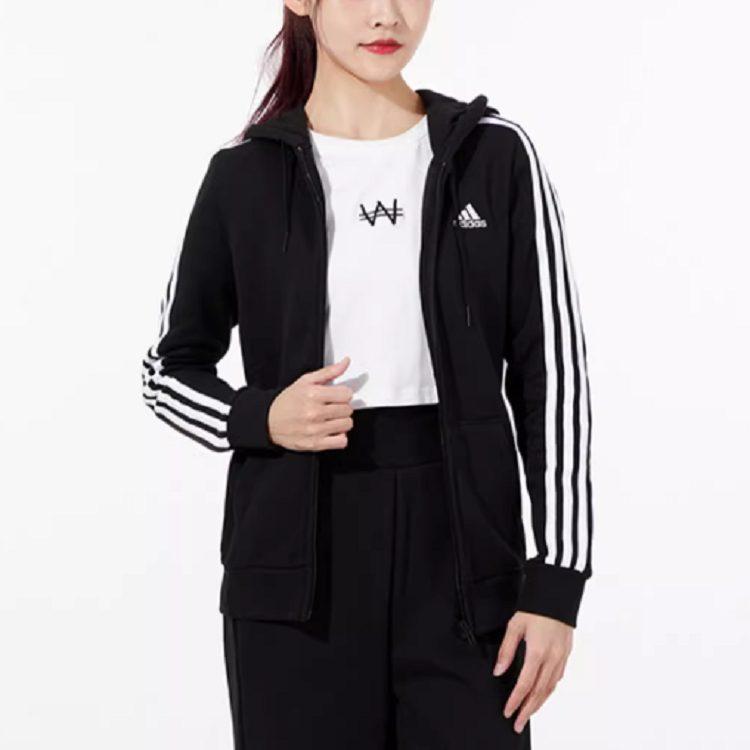 Adidas Side Stripes Sports Knitted Fabric Fleece Lined Hood Jacket Winter Women's Black GM5567