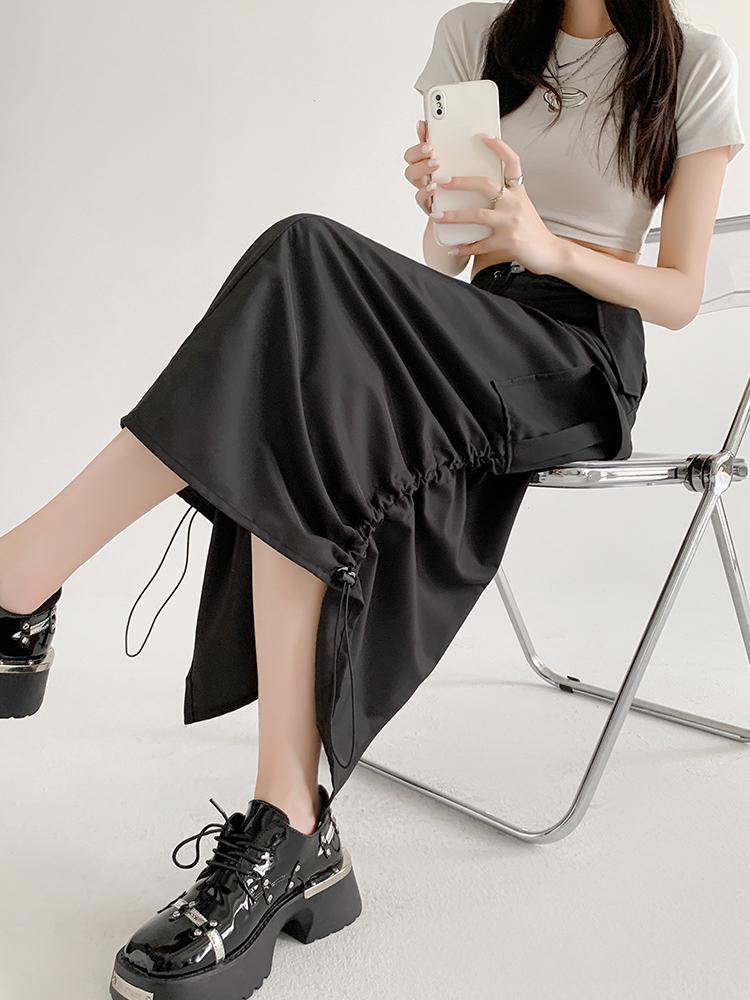 Cargo Midi Skirt Women Summer Slim High Waist Slit A-line Skirt Stitching Drawstring Female Streetwear Vintage Y2K Grey