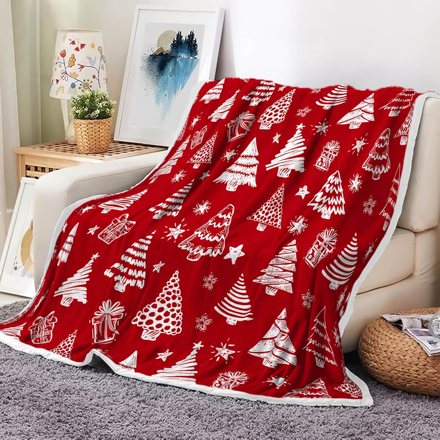 

Christmas Red White Throw Blanket Soft Flannel with Snowflakes Stars Tree Decorative for Home Sofa New Year 75x100cm (30x40inch)
