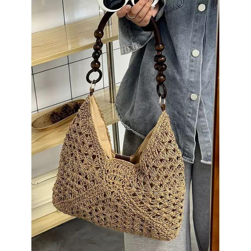 

Large Capacity Cut Out Woven Bag Female 2025 New Arrival Summer Shoulder Bag Seaside Vacation Beach Travel Straw Bag Khaki