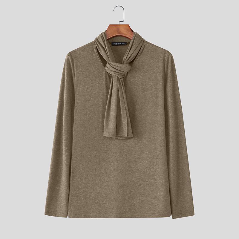 INCERUN Autumn Winter Men Tie Up Long Sleeve Solid Casual Fitted T-shirts Tops