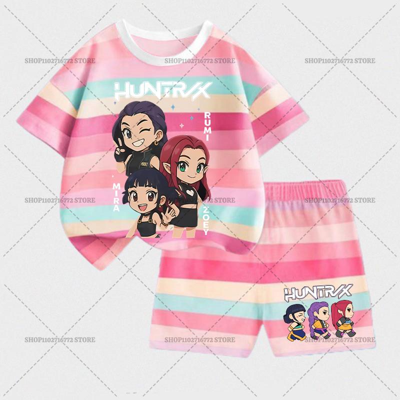KPop Demon Hunters Children Short Sleeve Shorts Set Fashion Summer Kid Clothes Boy Baby Cotton Tee Pant Outfits Girl Tracksuits