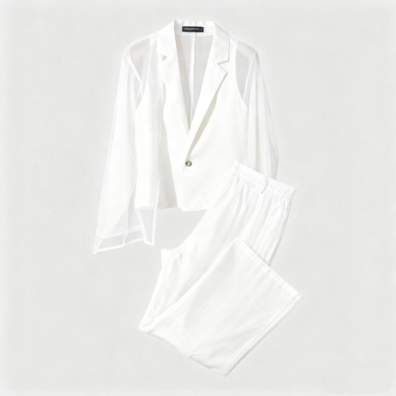 

INCERUN 2 шт. Мужские комплекты Топы без рукавов из прозрачной сетки с имитацией двухслойности и длинные брюки Повседневные костюмы 5XL белый