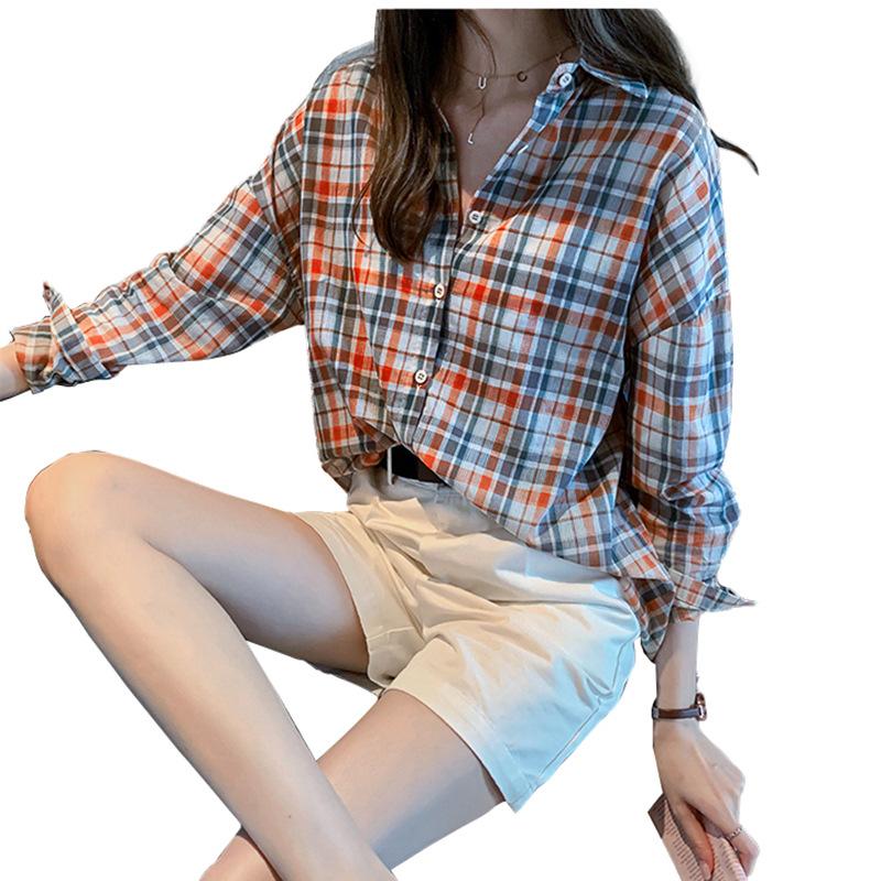 Summer new retro Hong Kong style plaid shirt women's thin loose medium and long shirt sunscreen shirt jacket top trendy