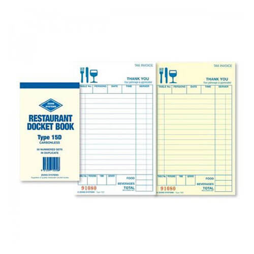 Zions Carbonless Duplicate Restaurant Docket Book (15 line)