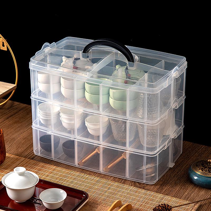 Stackable Multi-Layer Tea Set Storage Box with Handle - Dustproof and Portable for Cups and Coffee Table