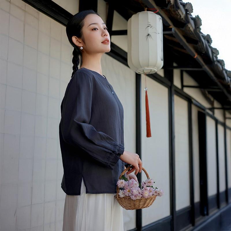 Johnature Women Shirts Tops V-Neck Long Sleeve Blouses Spring Button Solid Color Casual Women Shirts