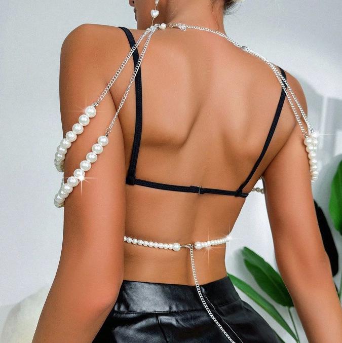 XH26918 Women's Sexy Halterneck Camisole with Faux Pearl Multi-Layer Chest Chain