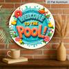 2D Flach, 1 Stück Runde Aluminium "Willkommen am Pool" Schild, Niedliche Gummi-Ente & Floraler Wasserspritzer Metallschild, Helles Buntes Sommerdesign, Idee für