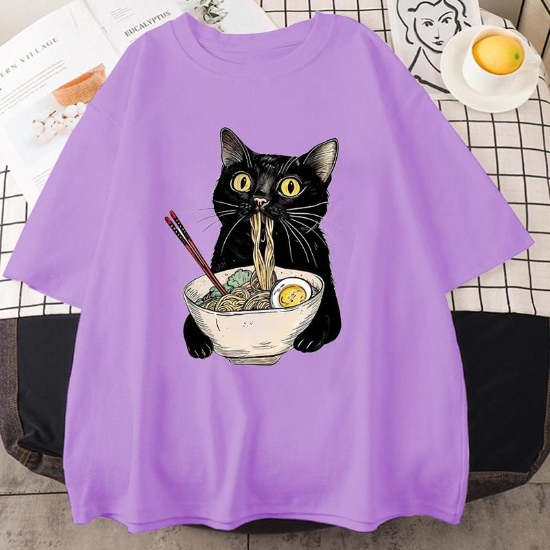 Noodle Ramen Cat T-Shirt Foodie Lover T Shirts Black Cat Noodle T-Shirts Retro Casual Short Sleeve Tshirt for Men Women Clothes