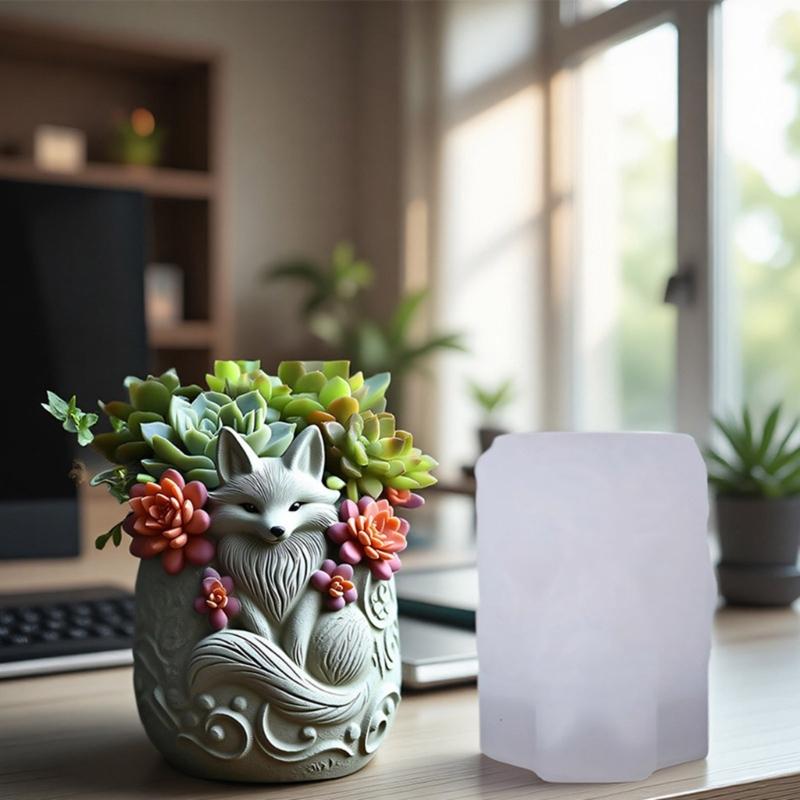 Flexible Reusable Flowerpot Mold with Detailed Foxes Design Silicone Texture for Resin Concrete Cement Crafting