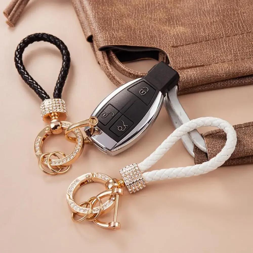 1pc Handcrafted Braided Rope Keychain Sparkling Rhinestones - Stylish Monochrome Car Key Ring Fashion-Forward Accessory