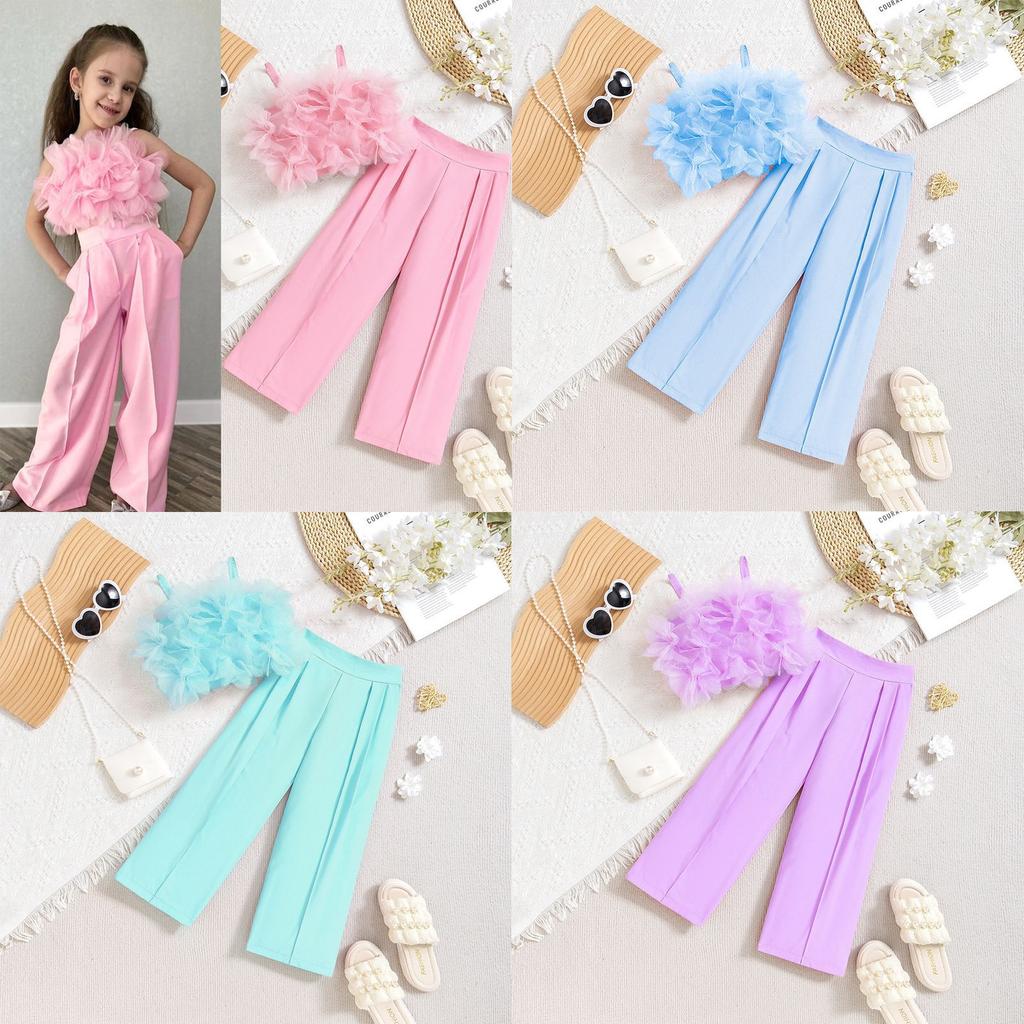 Fashion Summer Girls' Suits Small and Medium-sized Children's Suspenders Mesh Flower Vests Suits and Trousers Two-piece Suits
