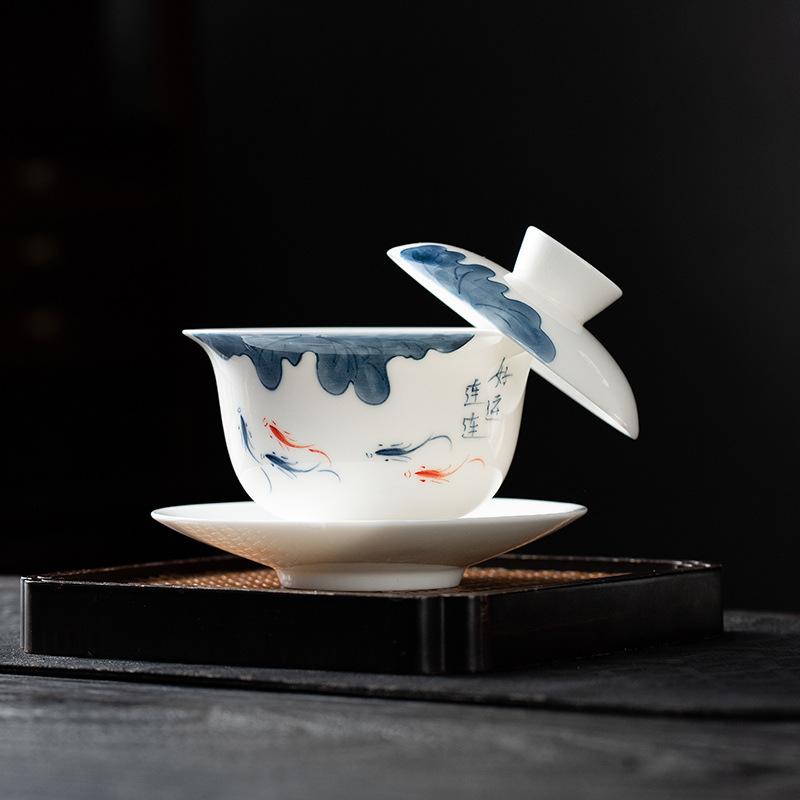 Hover Sancai Gaiwan Teacup Single Large Hand-Painted White Porcelain Tea Set Ceramic Anti-Scalding Tea Bowl