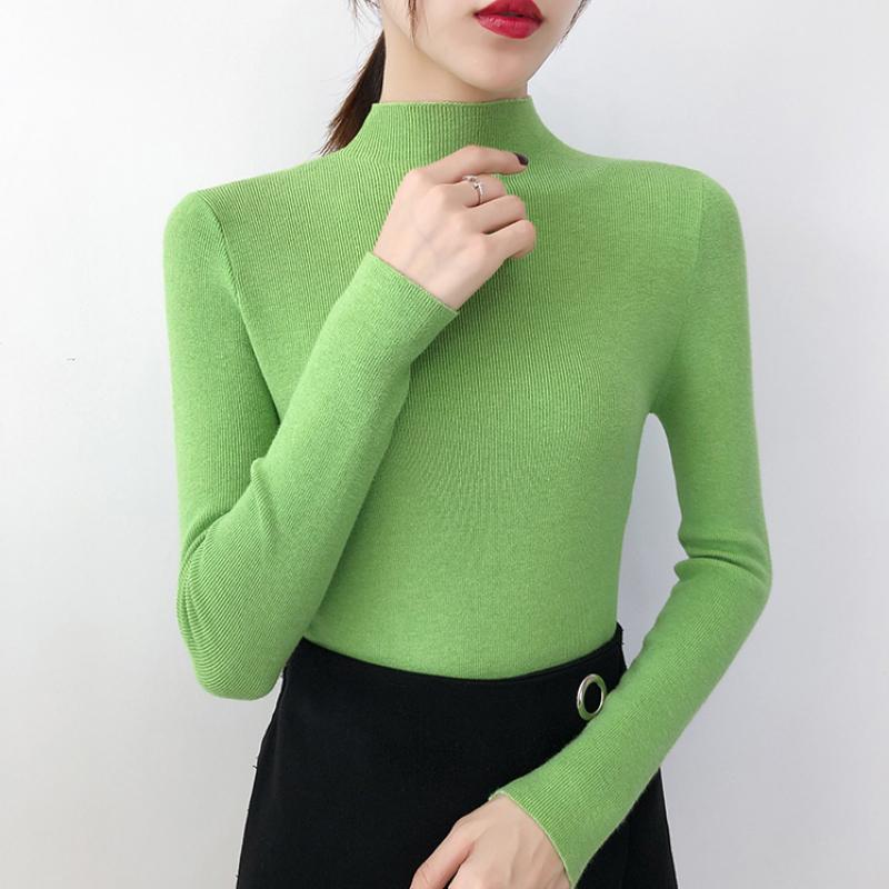 

Полувысокий воротник осенний вязаный свитер женский облегающий зимние топы с длинным рукавом базовый пуловер свитера женские модные однотонные винтажные нижние трикотажные изделия 24974 One Size зелёный