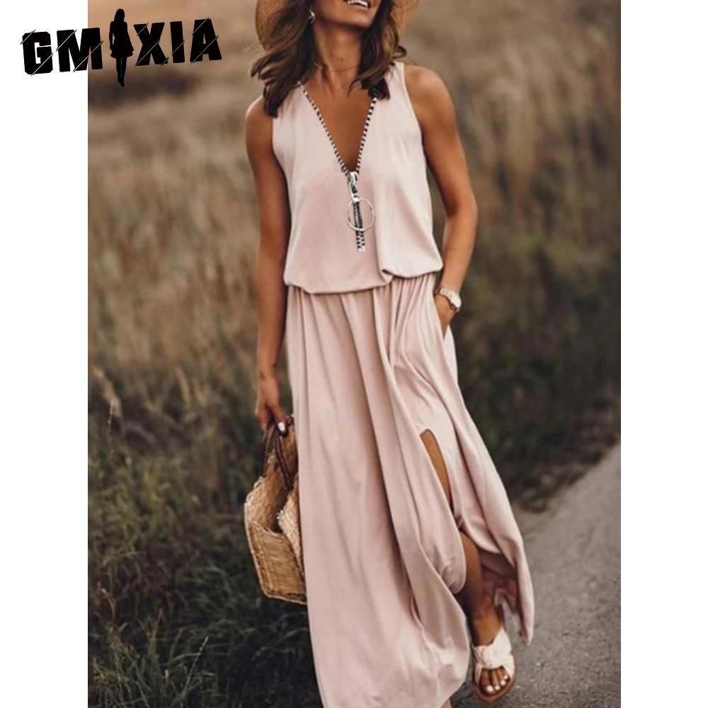 GMXIA Summer Women Dress Long Sleeveless Casual Ladies Dress Zipper Letter Print Waist
