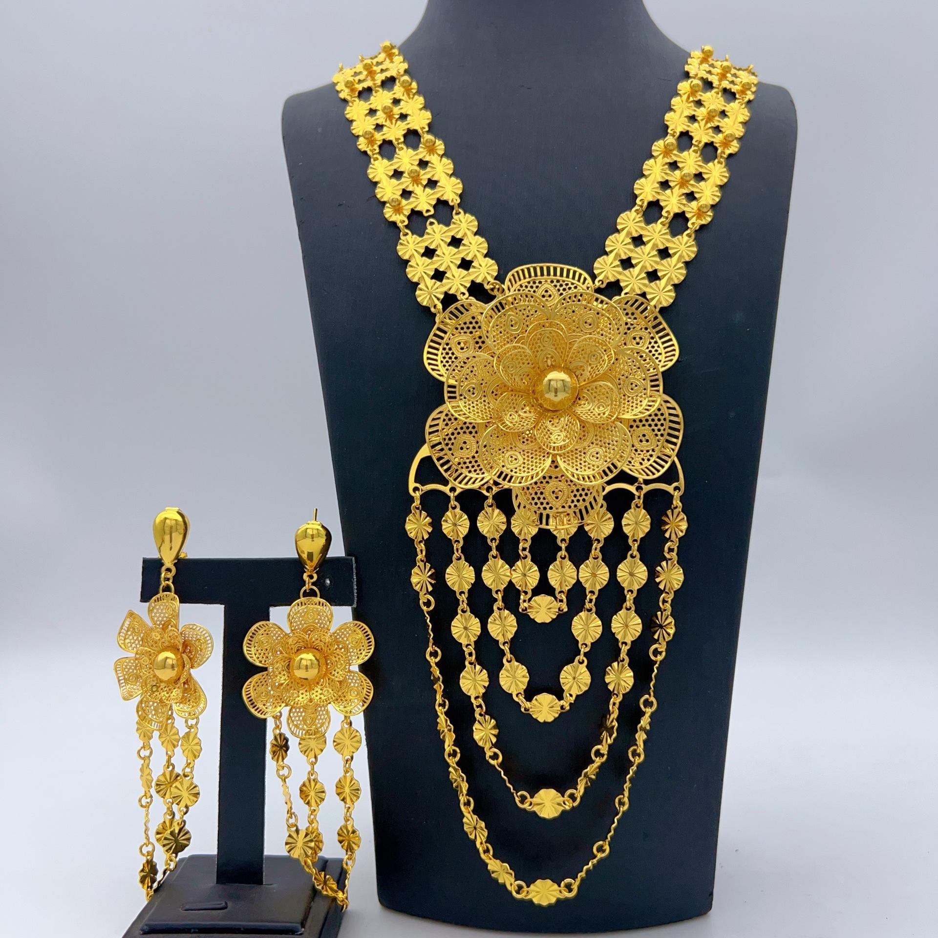 Middle Eastern Arabian Plated 24k Gold Hollow Flower Earrings Necklace Set Dubai Bridal Wedding Jewelry2026 60CM