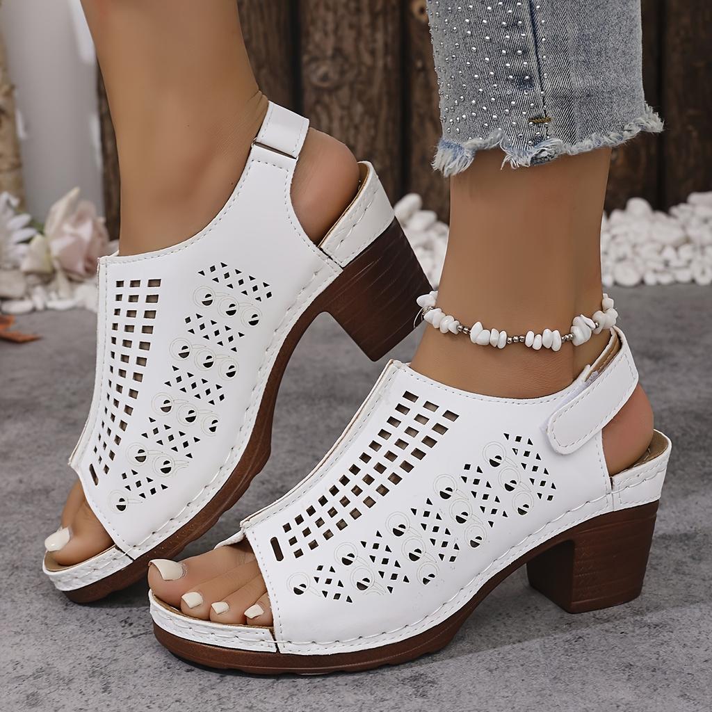 Moda de Verão Feminina Salto Alto, Sandálias de Tamanho Grande Cor Sólida Bico Aberto, Sapatos com Tira Traseira Ajustável e Design Escavado