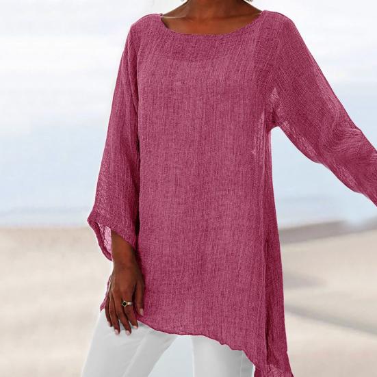 Casual Solid Color Long Sleeve Irregular T-Shirt Women Cotton Linen Tunic Top