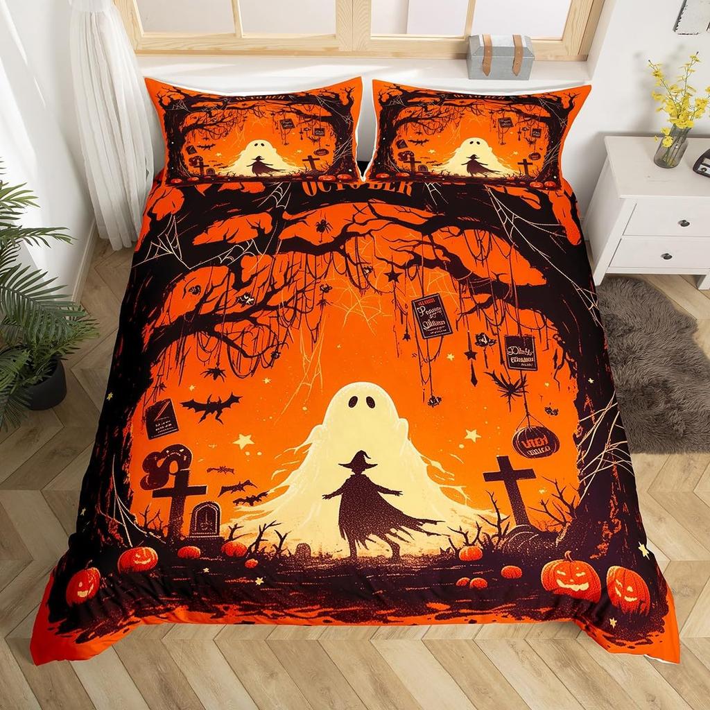 Hapy Halowen Beding Set Ful King-Sized Dimensionsd Dimensions Witch Soft Duvet Cover for Young Boys Tens Spiderweb Warm Comforter Cover Set Magic