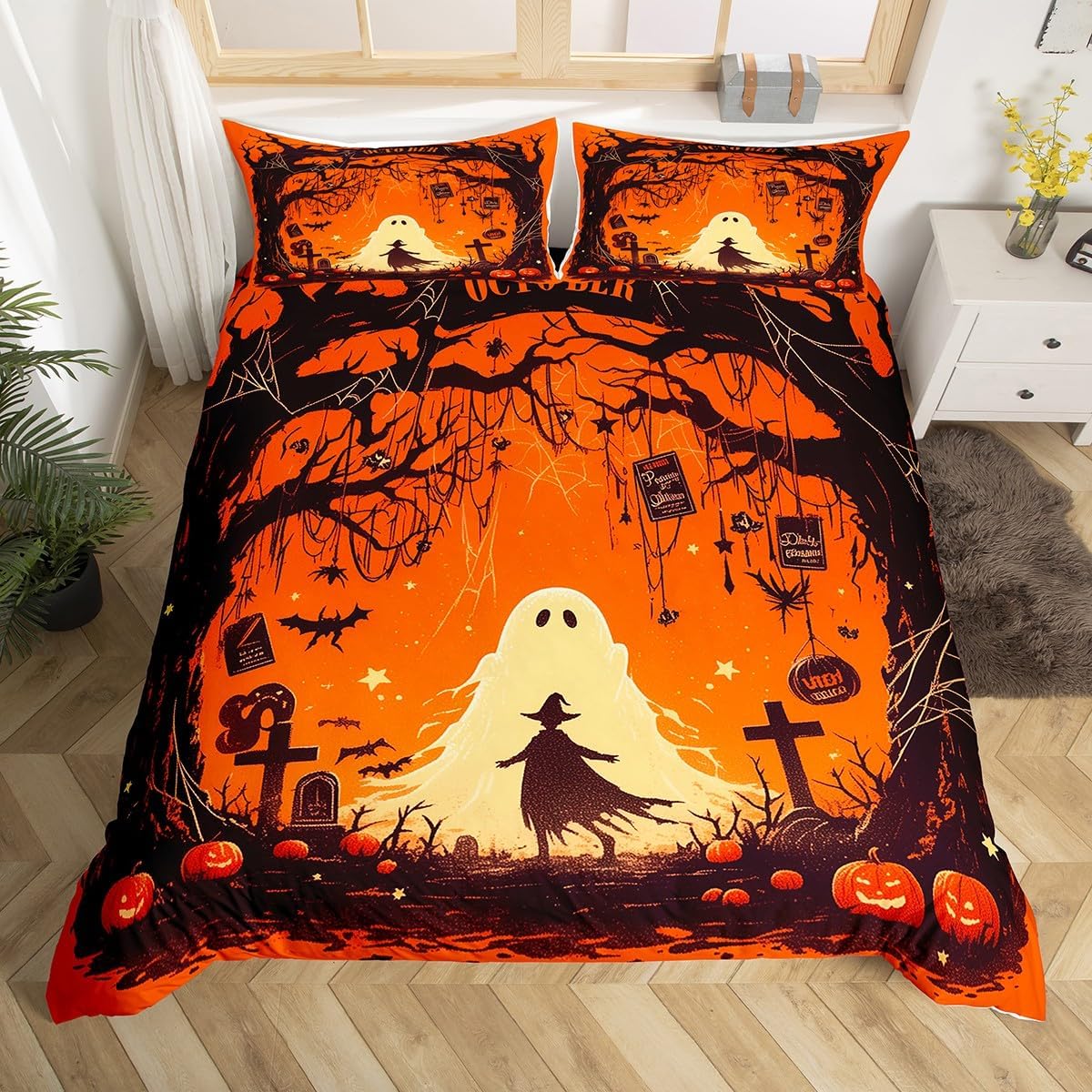 

Happy Halloween Bedding Set Full King Size Witch Duvet Cover For Boys Teens Spiderweb Comforter Cover Set Magic Bedspread Cover EU Single(135x200cm)