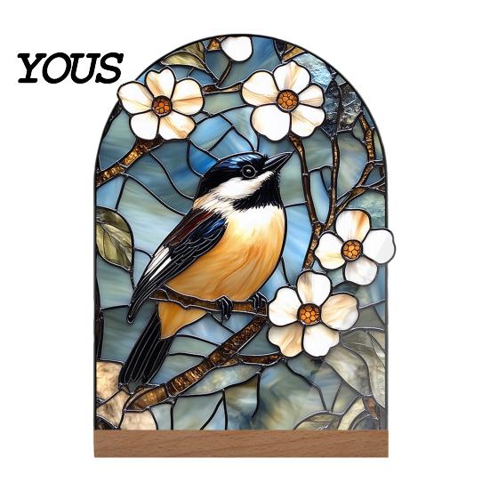 Stylish Interior Ornament Stained Glass Style Acrylic Table Centerpieces, Floral & Landscape Pattern Durable Desk Tabletop Sign with Wood Base