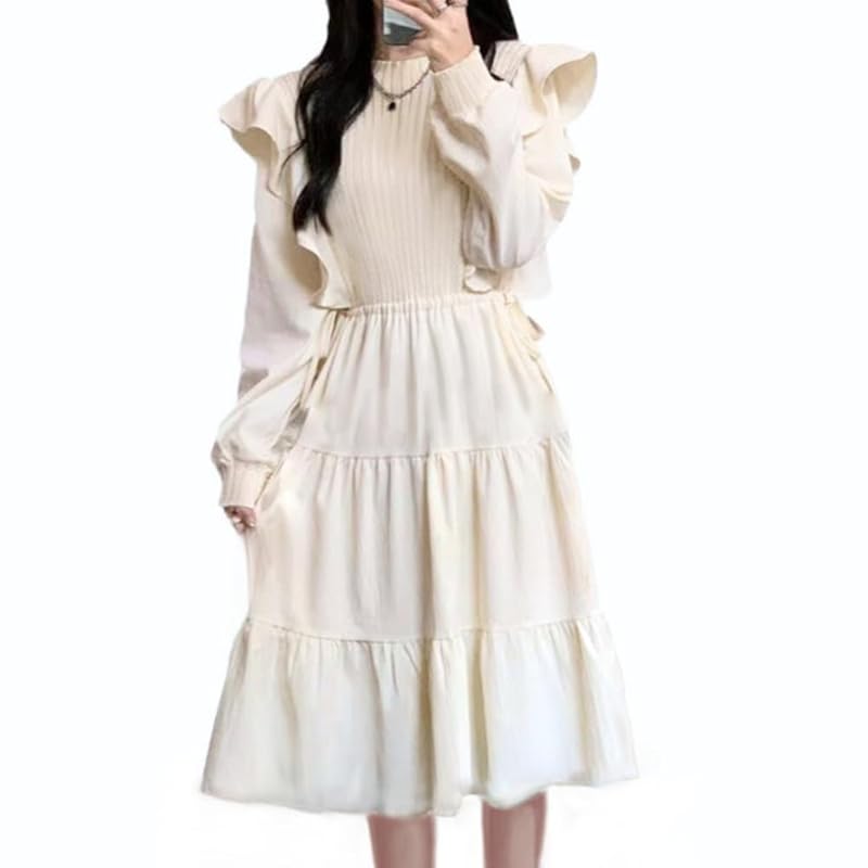 

[ALVEIN] ladies one piece tiered skirt long sleeve flare long Calf length Beautiful switching chiffon shoulder ruffle (JP, alphabet, L, apricot)